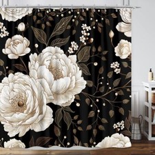 Black Gold Floral Shower Curtain, Vintage Rose Botanical Aesthetic, 72x72 with H — custom printed polyester bath curtain