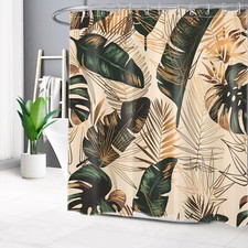 Green Monstera Gold Palm Leaf Beige Shower Curtain Bathroom Accessories Set — custom printed polyester bath curtain