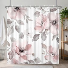 Blooming Pink Floral Shower Curtain for Bathroom, Watercolor Flower Leaves Ae... — custom printed polyester bath curtain