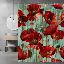 Red Poppy Floral Shower Curtain, Large Flower Print, Green Background — custom printed polyester bath curtain