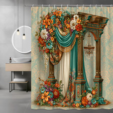 Boho Floral Shower Curtain with Teal Drapes and Vintage Arch — custom printed polyester bath curtain