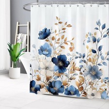 Country Botanical Gold Leaf Blue Floral Shower Curtain Bathroom Accessories Set — custom printed polyester bath curtain