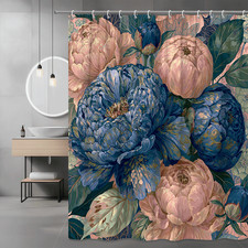 Floral Peony Shower Curtain Blue Pink Green Botanical Print — custom printed polyester bath curtain