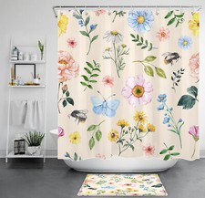 Plant Blue Butterfly Pink Floral on Beige Shower Curtain Set for Bathroom Decor — custom printed polyester bath curtain