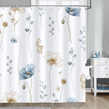 Watercolor Floral Shower Curtain, Blue Beige Flower Leaves Modern Minimalist Bat — custom printed polyester bath curtain