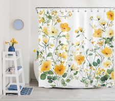 Spring Botanical Green Leaf Yellow Floral Shower Curtain Set for Bathroom Decor — custom printed polyester bath curtain