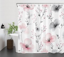 Watercolor Pink and Gray Vintage Floral Shower Curtain Set for Bathroom Decor — custom printed polyester bath curtain
