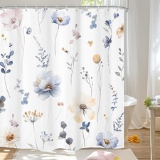 Watercolor Floral Shower Curtain Blue Beige Flower Modern Waterproof 72x72 Inch — custom printed polyester bath curtain