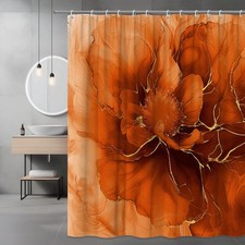 Floral Orange Shower Curtain with Gold Accents — custom printed polyester bath curtain