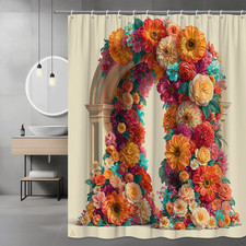 Floral Arch Shower Curtain, Colorful Flower Print, Beige Background — custom printed polyester bath curtain