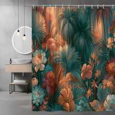 Tropical Floral Shower Curtain Teal Orange Pink Botanical Print — custom printed polyester bath curtain