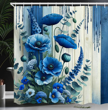 Blue Shower Curtain, Poppy Flowers Meadow Bouquet on Rustic Grunge Look Wooden P — custom printed polyester bath curtain
