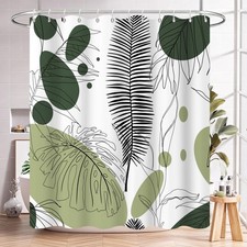 Green Abstract Leaves Shower Curtain, Mid Century Boho Palm Leaf Minimalist G... — custom printed polyester bath curtain
