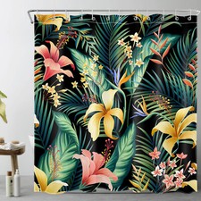 Green Palm Leaf Yellow Floral Black Shower Curtain Bathroom Accessories Set — custom printed polyester bath curtain