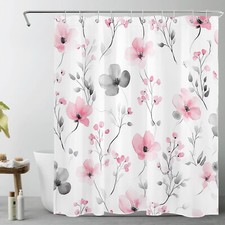 Rustic Watercolor Gray Leaves Pink Floral Shower Curtain Set for Bathroom Decor — custom printed polyester bath curtain