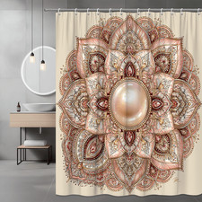 Boho Mandala Shower Curtain Pink Beige Floral Medallion — custom printed polyester bath curtain