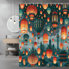Chinese Lantern Cityscape Shower Curtain, Asian Night Sky Print — custom printed polyester bath curtain