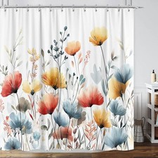 Rustic Boho Shower Curtain Farmhouse Floral, Colorful Watercolor Flower — custom printed polyester bath curtain