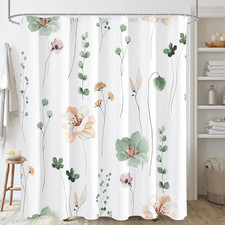 Watercolor Floral Shower Curtain, Sage Green Beige Flower Shower Curtain for Bat — custom printed polyester bath curtain