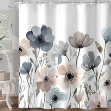 Boho Floral Shower Curtain, Watercolor Beige Blue Grey White Flower Fabric — custom printed polyester bath curtain