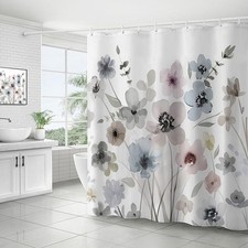 Grey Blue Pink Floral Shower Curtain Waterproof Fabric 12 Hook 72x72 Inch — custom printed polyester bath curtain