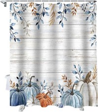 Fall Shower Curtains Blue Pumpkin Bath Curtain Leaves Floral Wood Grain Water... — custom printed polyester bath curtain