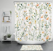 Watercolor Green Leaf Orange Wildflower Shower Curtain Bathroom Accessories Set — custom printed polyester bath curtain