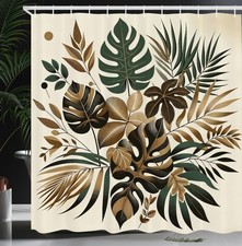 Brown Shower Curtain, Exotic Inspired Monstera Palm Jungle Leaves Vintage Bot... — custom printed polyester bath curtain