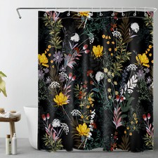 Rustic Green Leaf Yellow Floral on Black Shower Curtain Bathroom Accessories Set — custom printed polyester bath curtain