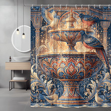 Bird Fountain Shower Curtain, Blue Gold Floral Graphic Print — custom printed polyester bath curtain