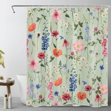 Spring Plant Green Leaf Pink Wildflower Shower Curtain Bathroom Accessories Set — custom printed polyester bath curtain