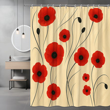 Elegant Red Poppy Floral Shower Curtain for Bathroom Decor — custom printed polyester bath curtain
