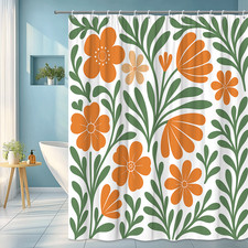 Floral Orange Green Shower Curtain - Modern Bathroom Decor — custom printed polyester bath curtain