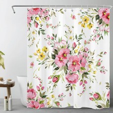 Retro Farmhouse Green Leaf Pink Floral Shower Curtain Set for Bathroom Decor — custom printed polyester bath curtain