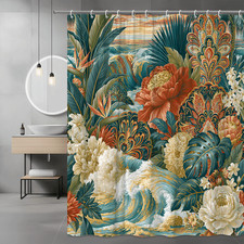 Tropical Floral Wave Shower Curtain Ocean Sunset Print — custom printed polyester bath curtain