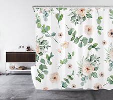 Botanical Green Eucalyptus Pink Floral Shower Curtain Bathroom Accessories Set — custom printed polyester bath curtain