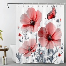 Butterfly Gray Leaf Pink Wildflower Shower Curtain Bathroom Accessories Set — custom printed polyester bath curtain