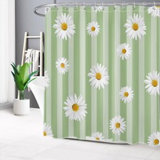Yellow Daisy Floral on Sage Green Striped Shower Curtain Set for Bathroom Decor — custom printed polyester bath curtain