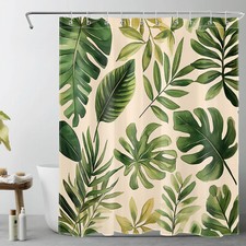 Tropical Botanical Green Leaf on Beige Shower Curtain Set for Bathroom Decor — custom printed polyester bath curtain