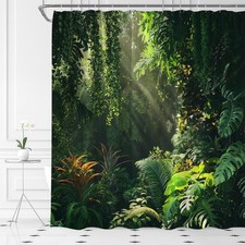 Tropical Jungle Shower Curtain with Green Plants and Palm Trees Decor — custom printed polyester bath curtain