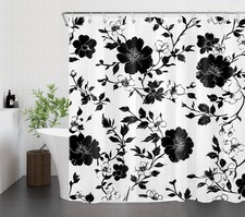 Botanical Leaf Black and White Floral Shower Curtain Set for Bathroom Decor — custom printed polyester bath curtain