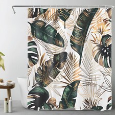 Country Tropical Plant Green Palm Leaf Shower Curtain Bathroom Accessories Set — custom printed polyester bath curtain