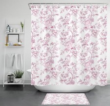 Country Spring Botanical Pink Floral Shower Curtain Bathroom Accessories Set — custom printed polyester bath curtain